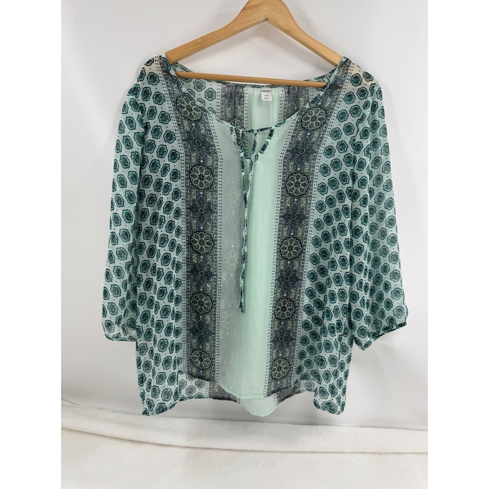 Old Navy Blouse L Mint Green Medallion Sheer Tie Neck 3/4 Sleeve Boho Peasant